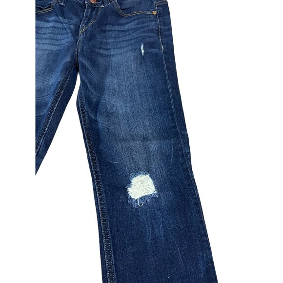 Express Modern Boyfriend Relaxed Fit Low Rise Jeans Size 0 Dark Wash Distressed - Picture 9 of 9